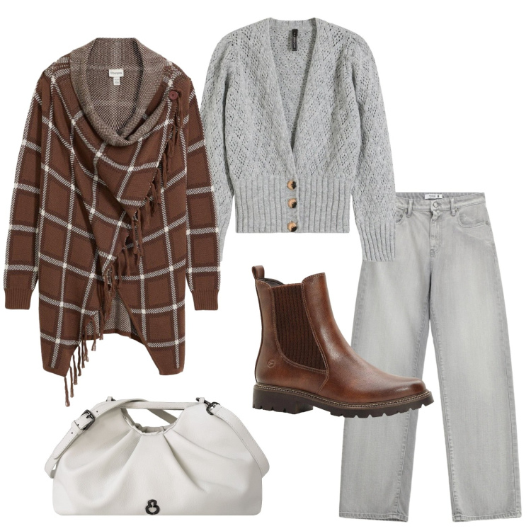 Outfit donna - La mantella scozzese. Stile Casual per Tutti i giorni. Abbinamento con cardigans, cardigans, stivaletti, jeans, clutch.