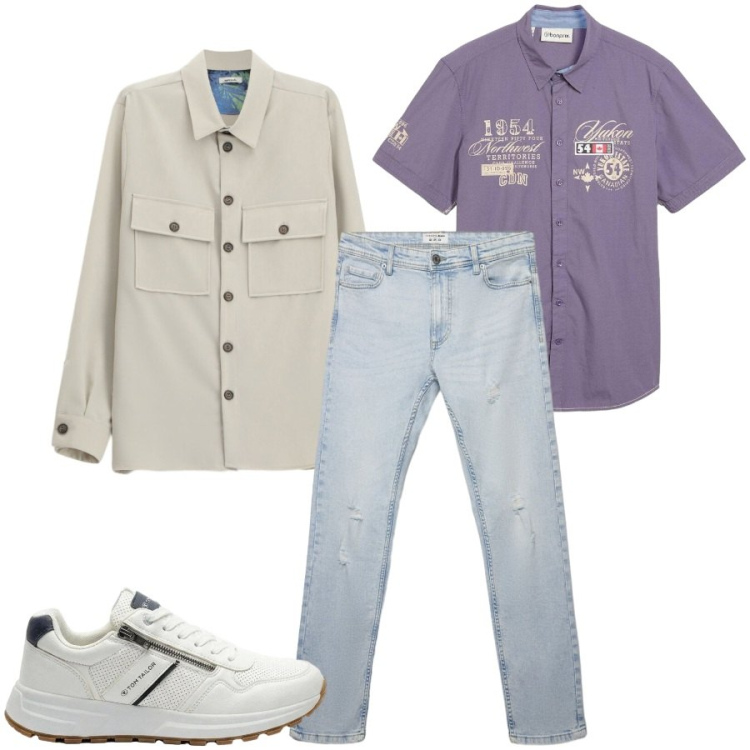 Outfit uomo - Total look #2476070. Stile Casual per Tutti i giorni. Abbinamento con camicie, jeans strappati, camicie a manica corta, sneakers.