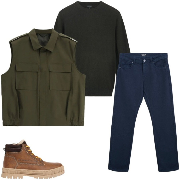 Outfit uomo - Total look #2476075. Stile Casual per Tutti i giorni. Abbinamento con gilet, maglieria, jeans dritti, stivali e stivaletti.