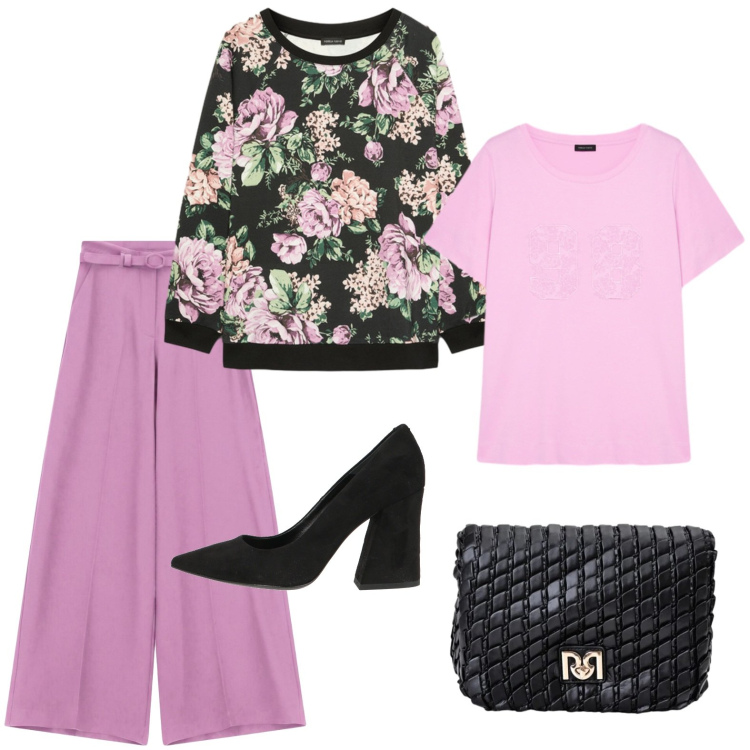 Outfit donna - Lilla e nero. Stile Casual chic per Serata fuori. Abbinamento con décolleté, pantaloni a palazzo, borse a tracolla, felpe, t-shirt.