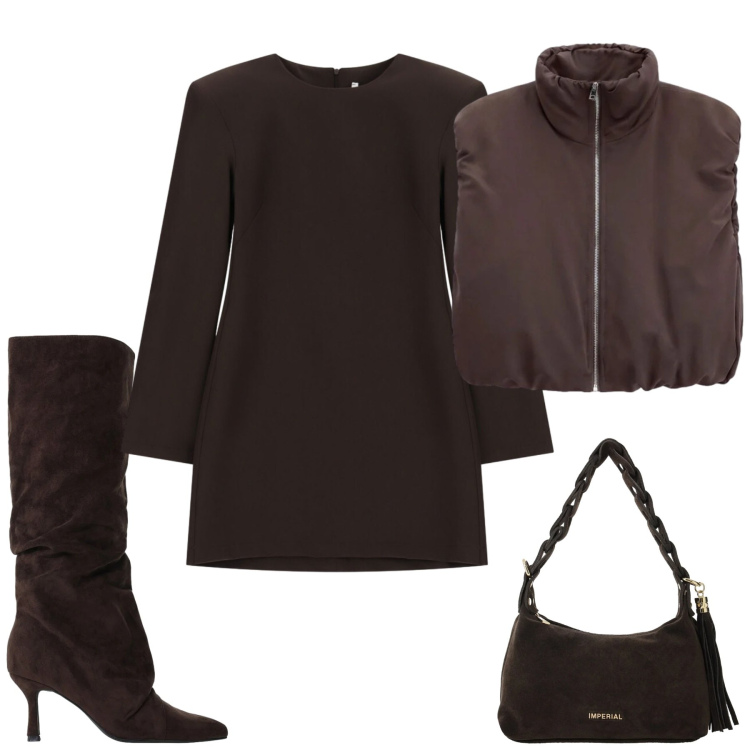Outfit donna - Total look #2476077. Stile Casual chic per Serata fuori. Abbinamento con piumini, borse a spalla, stivali, vestiti corti.