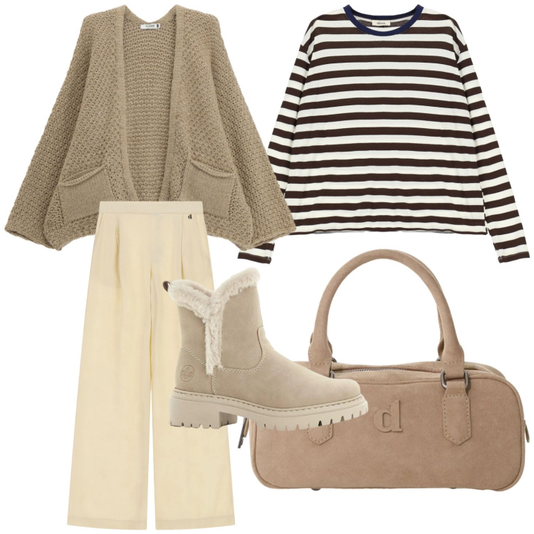 Outfit donna - Weekend Fuori Porta. Stile Casual per Tutti i giorni. Abbinamento con stivaletti, cardigans, borse a mano, pantaloni a palazzo, t-shirt.