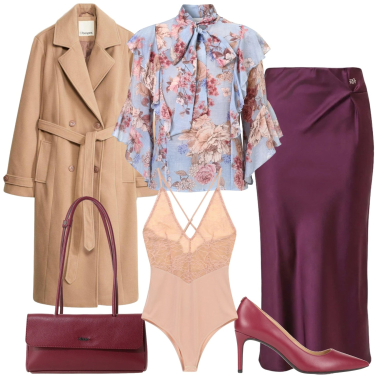 Outfit donna - Total look #2476087. Stile Chic per Tutti i giorni. Abbinamento con décolleté, trench, body, borse a spalla, gonne longuette, bluse.