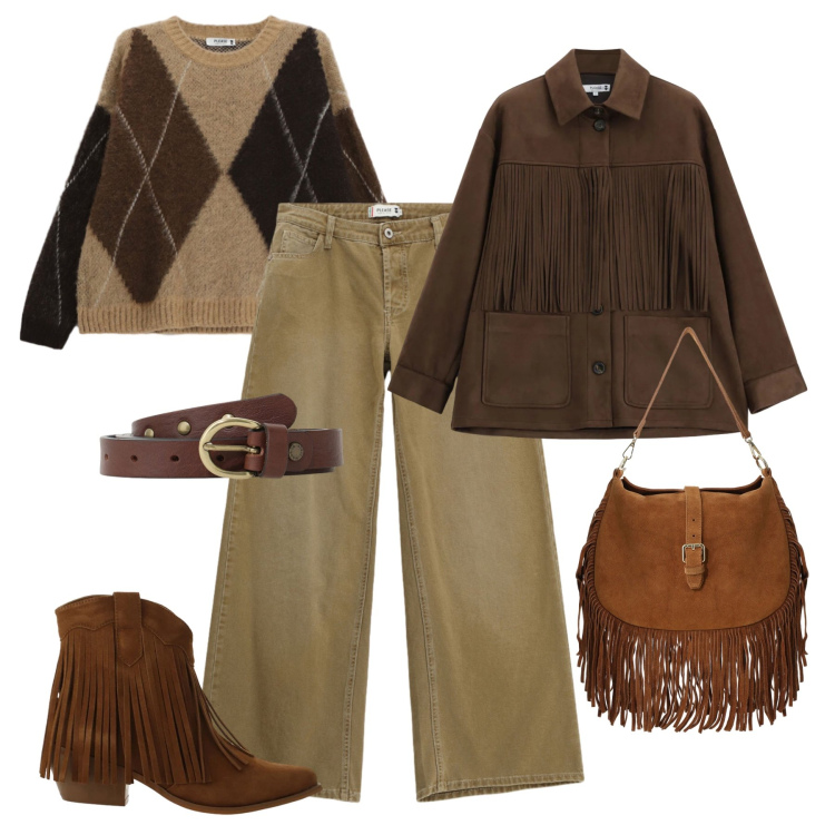Outfit donna - Frange Please !. Stile Casual per Tutti i giorni. Abbinamento con stivaletti texani, borse a spalla, maglieria, pantaloni a palazzo, cappotti, cinture.
