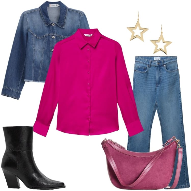Outfit donna - Total look #2476089. Stile Glamour per Tutti i giorni. Abbinamento con stivaletti, borse a tracolla, jeans bootcut, camicie, blazer, orecchini.