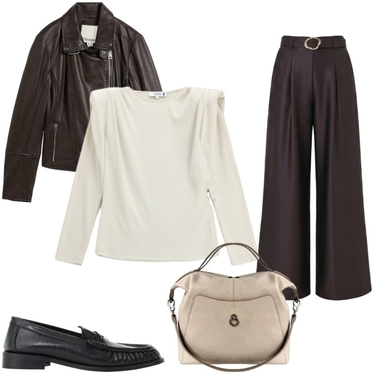 Outfit donna - Total look #2476090. Stile Casual chic per Tutti i giorni. Abbinamento con mocassini, borse a mano, t-shirt, pantaloni a palazzo, giacche.