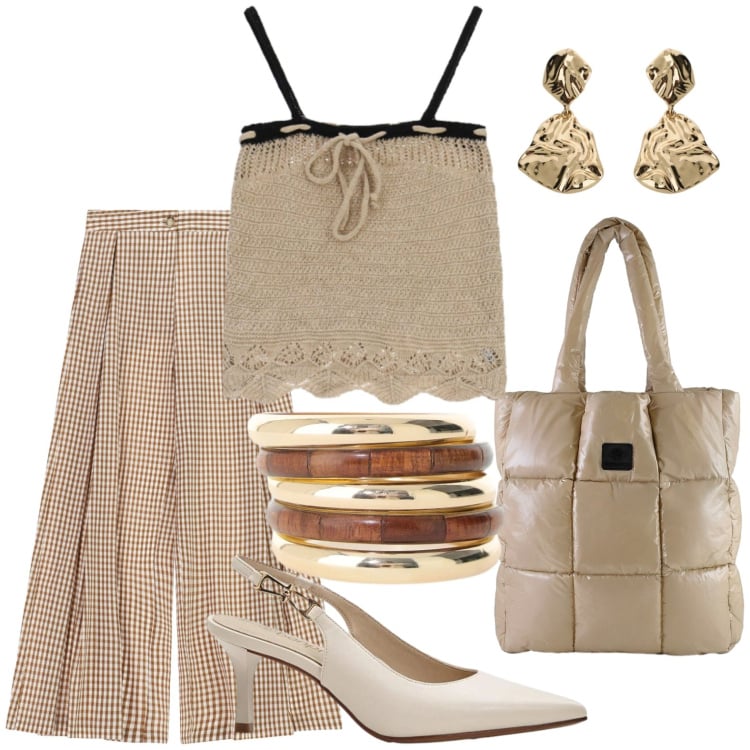 Outfit donna - La maglia in pizzo. Stile Casual per Tutti i giorni. Abbinamento con décolleté, pantaloni a palazzo, braccialetti, orecchini, maglieria, shopping bag.