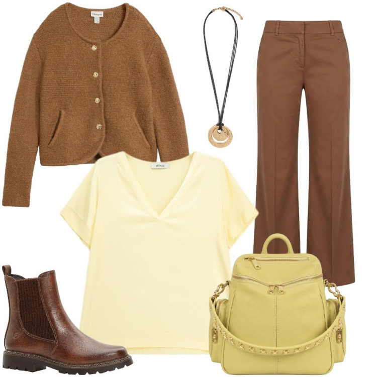 Outfit donna - Total look #2476093. Stile Casual chic per Tutti i giorni. Abbinamento con cardigans, stivaletti, pantaloni, t-shirt, ciondoli, zaini.