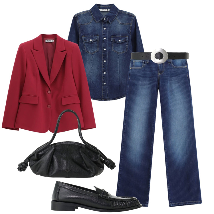 Outfit donna - Denim Please. Stile Urban per Tutti i giorni. Abbinamento con mocassini, camicie, jeans dritti, blazer, borse a mano, cinture.
