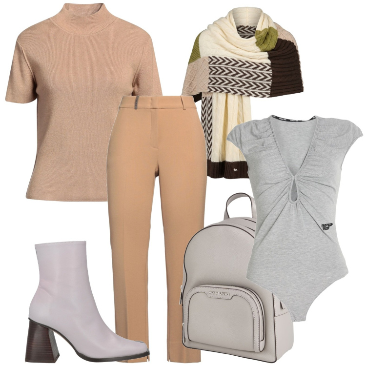 Outfit donna - Sfumature Cammello e Cioccolato. Stile Casual per Tutti i giorni. Abbinamento con zaini, maglieria, pantaloni, body, stivaletti, sciarpe.