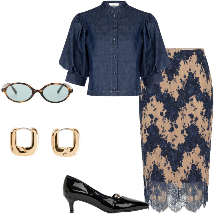 Outfit donna - Cena fuori. Stile Chic per Serata fuori. Abbinamento con orecchini, décolleté, occhiali da sole, gonne, camicie a manica corta.