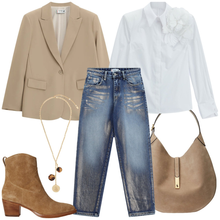 Outfit donna - Dark denim. Stile Casual per Tutti i giorni. Abbinamento con camicie, blazer, jeans, borse a spalla, stivaletti, collane.