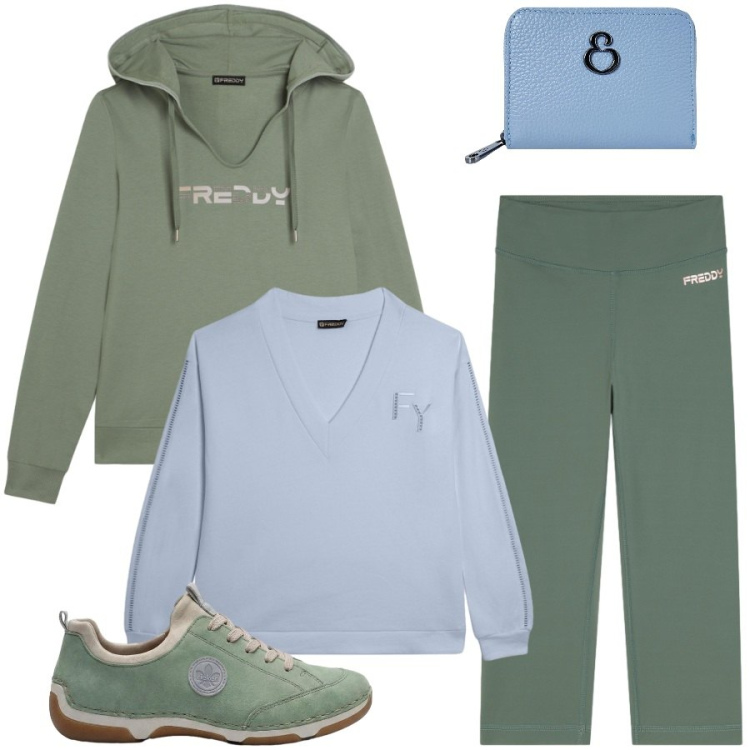 Outfit donna - Total look #2476101. Stile Sporty chic per Sport. Abbinamento con sneakers, felpe con cappuccio, leggings, felpe, portafogli.