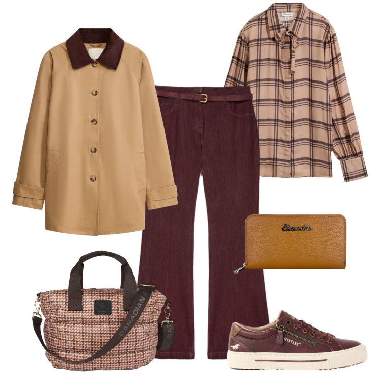 Outfit donna - Trench corto curve morbide. Stile Casual per Tutti i giorni. Abbinamento con jeans, portafogli, borse tote, trench, sneakers, camicie.