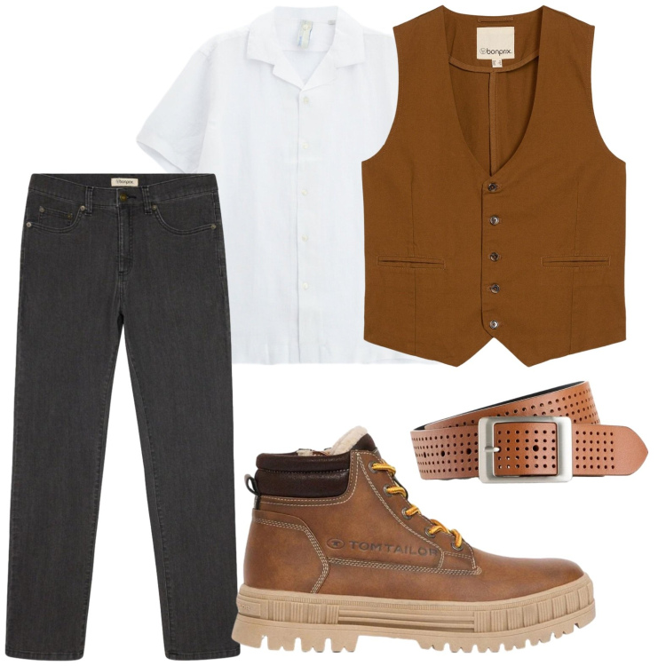 Outfit uomo - Weekend autunnale. Stile Trendy per Tutti i giorni. Abbinamento con camicie a manica corta, stivali e stivaletti, jeans dritti, gilet, cinture.
