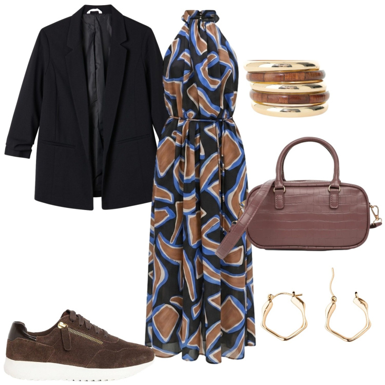 Outfit donna - Total look #2476107. Stile Casual per Tutti i giorni. Abbinamento con orecchini, sneakers, borse a tracolla, blazer, braccialetti, vestiti lunghi.