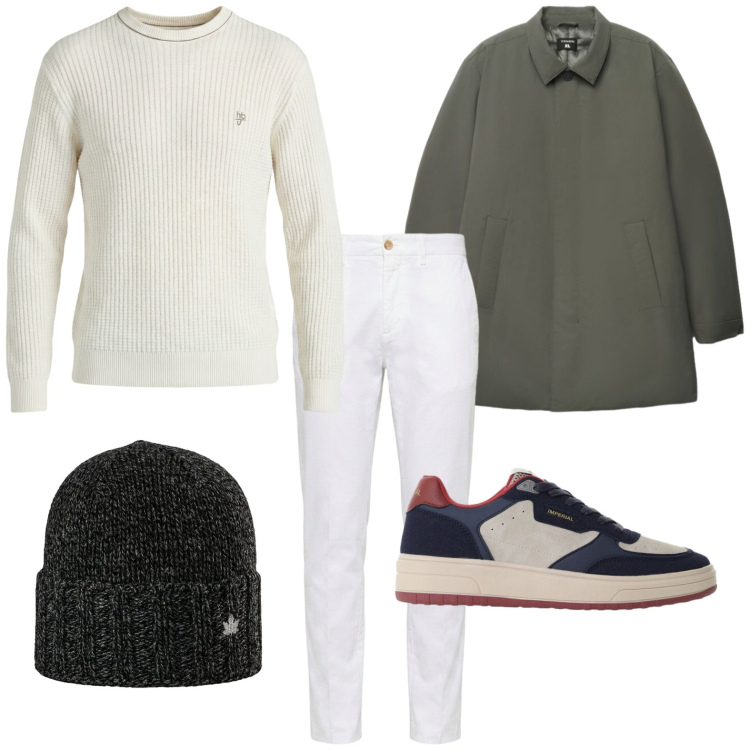 Outfit uomo - Layering urbano leggero. Stile Trendy per Tutti i giorni. Abbinamento con maglieria, pantaloni chino, sneakers, berretti, trench.