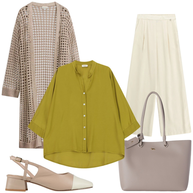 Outfit donna - Total look #2476118. Stile Casual chic per Tutti i giorni. Abbinamento con décolleté, cardigans, shopping bag, camicie, pantaloni a palazzo.