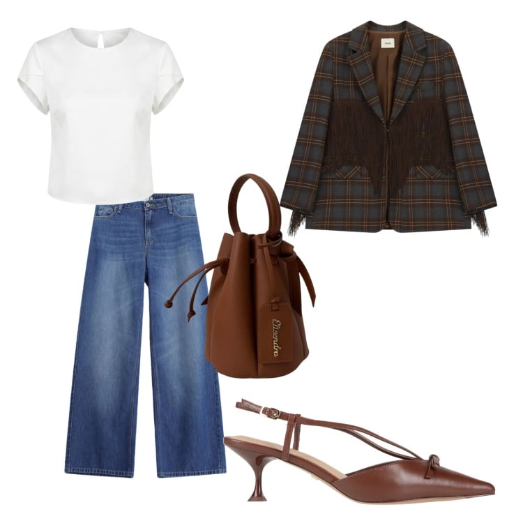 Outfit donna - 🤎 Chocolate Chic. Stile Chic per Tutti i giorni. Abbinamento con décolleté, blazer, t-shirt, jeans, borse a secchiello.