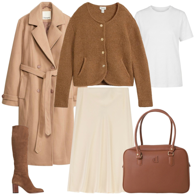 Outfit donna - Total look #2476121. Stile Casual chic per Tutti i giorni. Abbinamento con stivali, cardigans, trench, t-shirt, borse a mano, gonne longuette.