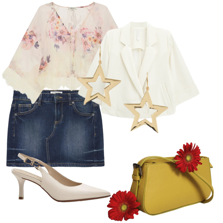 Outfit donna - Total look #2476122. Stile Glamour per Serata fuori. Abbinamento con décolleté, minigonne, blazer, top, borse a spalla, orecchini.