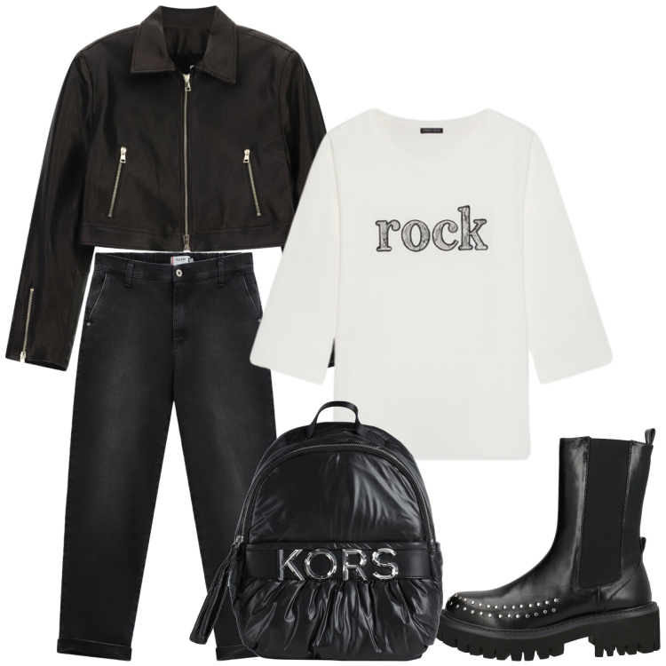Outfit donna - Total look #2476123. Stile Rock per Tutti i giorni. Abbinamento con zaini, stivaletti chelsea, giacche, jeans, t-shirt.