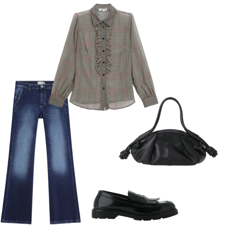 Outfit donna - Urban Chic d’Autunno. Stile Casual chic per Tutti i giorni. Abbinamento con camicie, jeans, mocassini, borse a mano.