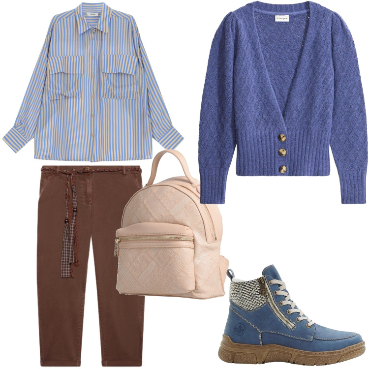 Outfit donna - Weekend. Stile Casual per Tutti i giorni. Abbinamento con zaini, stivaletti, cardigans, camicie, pantaloni chino.