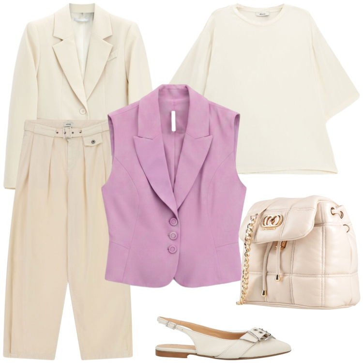 Outfit donna - Total look #2476126. Stile Casual chic per Tutti i giorni. Abbinamento con valigie, ballerine, gilet, blazer, pantaloni a palazzo, t-shirt.
