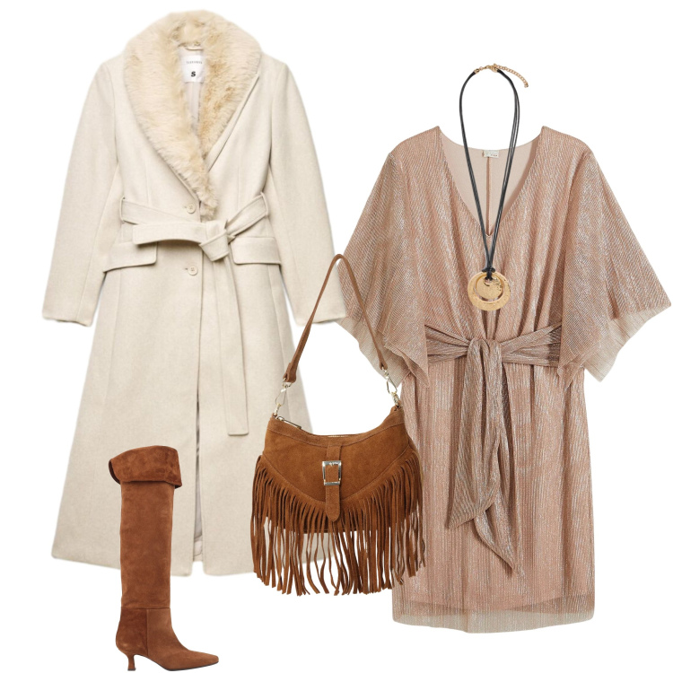 Outfit donna - Ciocco Boho Chic. Stile Casual chic per Serata fuori. Abbinamento con stivali, vestiti, cappotti, borse a spalla, ciondoli.