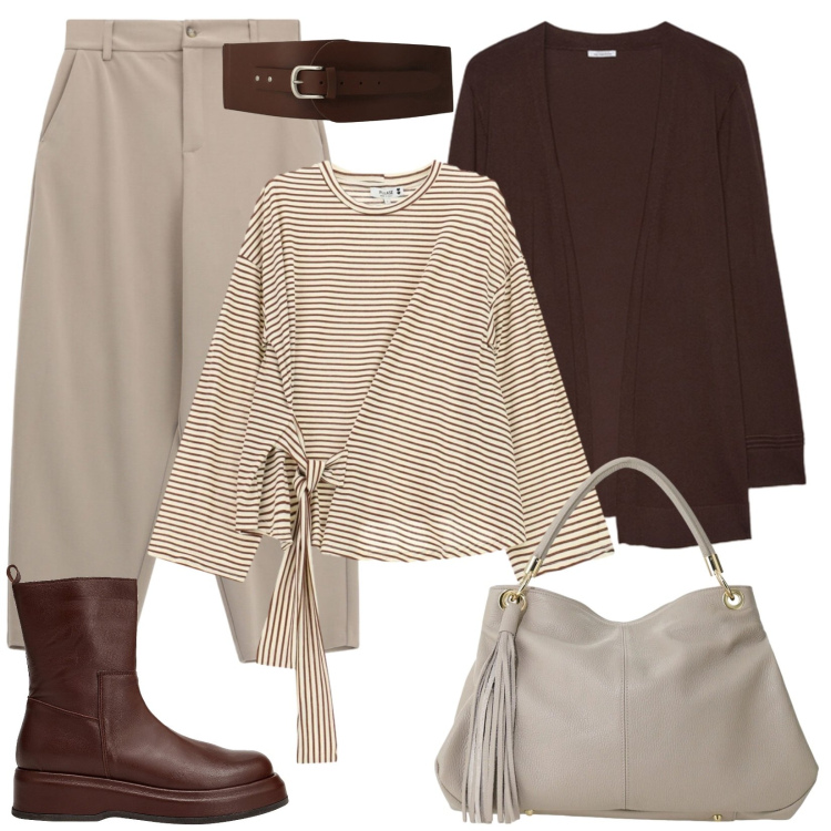Outfit donna - Comfort e stile. Stile Casual chic per Tutti i giorni. Abbinamento con stivaletti, borse a spalla, t-shirt, pantaloni, cinture, cardigans.