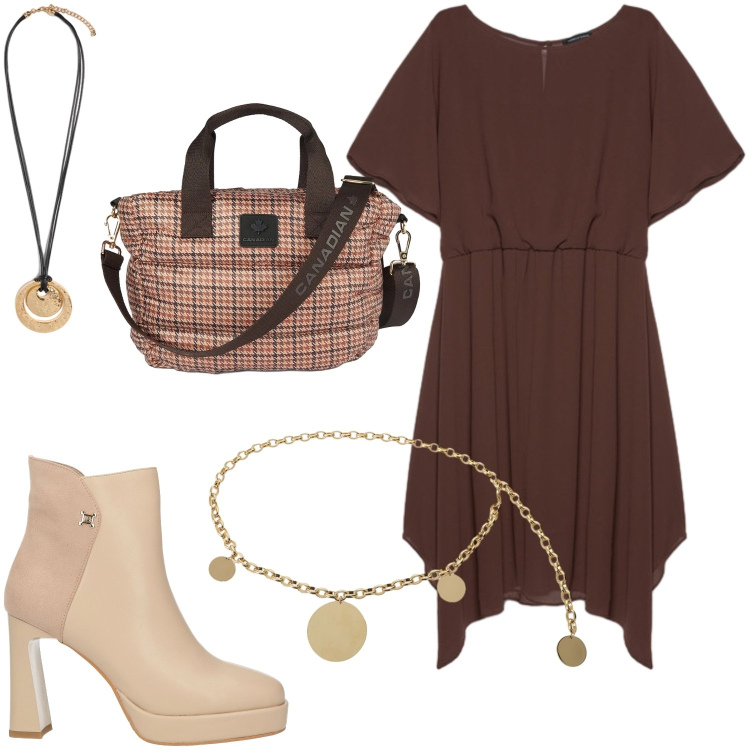 Outfit donna - Sfumature della terra. Stile Casual chic per Tutti i giorni. Abbinamento con stivaletti, cinture, borse tote, vestiti midi/longuette, ciondoli.