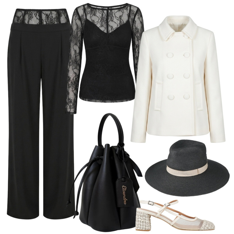 Outfit donna - Bianco e nero, très chic!. Stile Chic per Cerimonia. Abbinamento con décolleté, cappelli, pantaloni a palazzo, bluse, blazer, borse a secchiello.