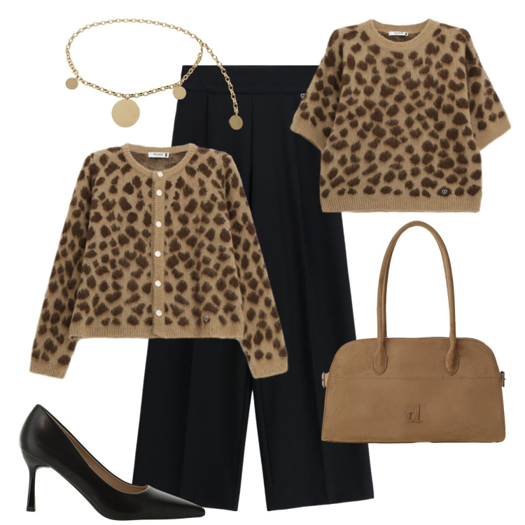 Outfit donna - Twinset Please. Stile Glamour per Ufficio. Abbinamento con décolleté, pantaloni a palazzo, cardigans, maglieria, borse a spalla, cinture.