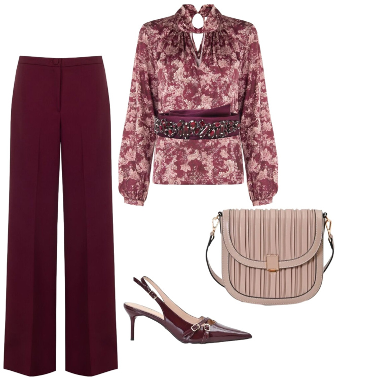 Outfit donna - Burdeaux e bej. Stile Bon Ton per Tutti i giorni. Abbinamento con bluse, borse a tracolla, décolleté, pantaloni a palazzo, cinture.