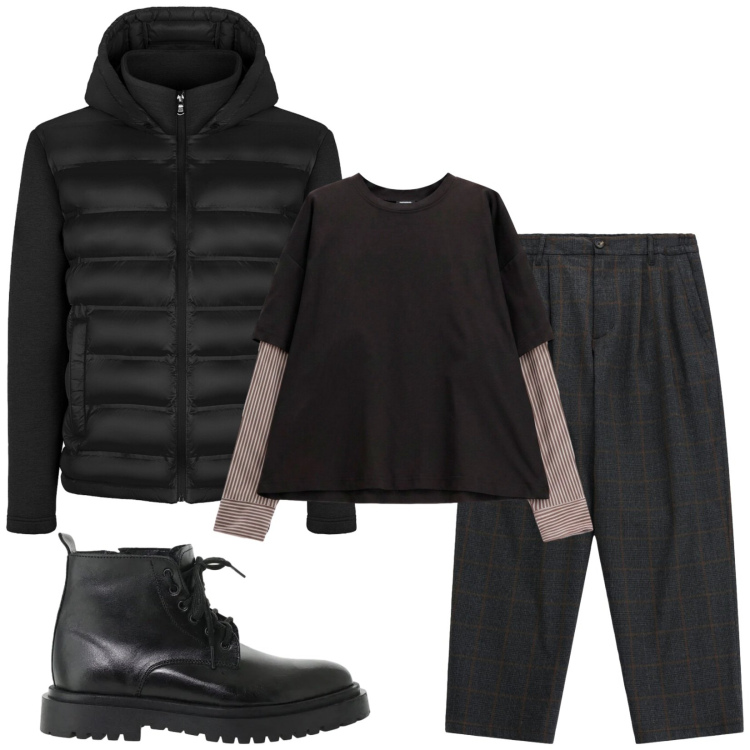 Outfit uomo - Total look #2476139. Stile Trendy per Serata speciale. Abbinamento con pantaloni, anfibi, t-shirt, piumini.