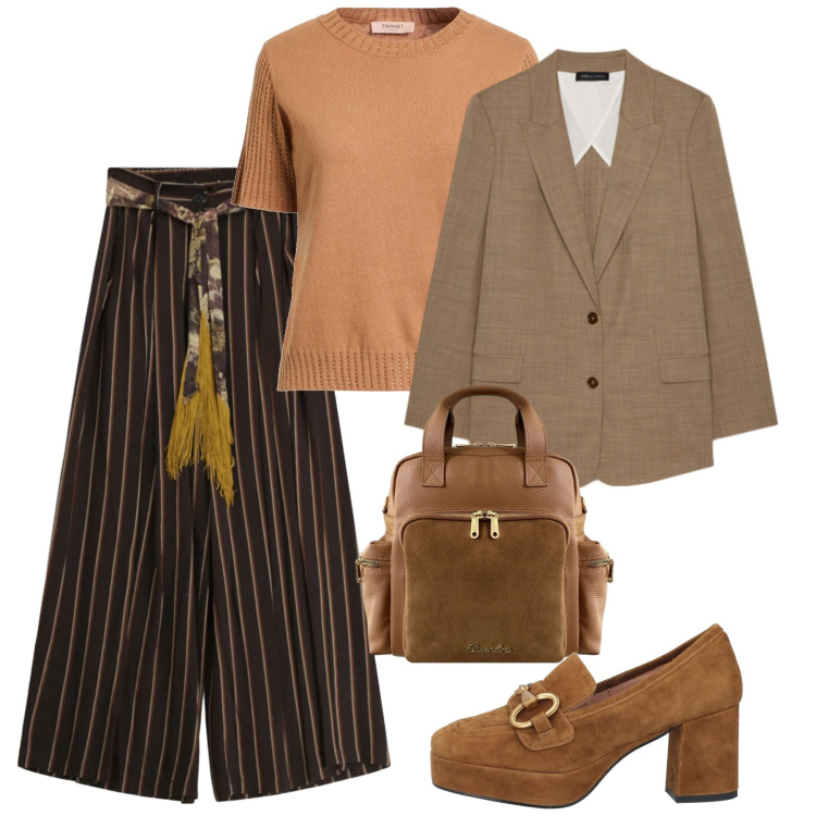 Outfit donna - Sfumature Cammello e Cioccolato. Stile Bon Ton per Ufficio. Abbinamento con mocassini, pullovers, pantaloni a palazzo, blazer, zaini.