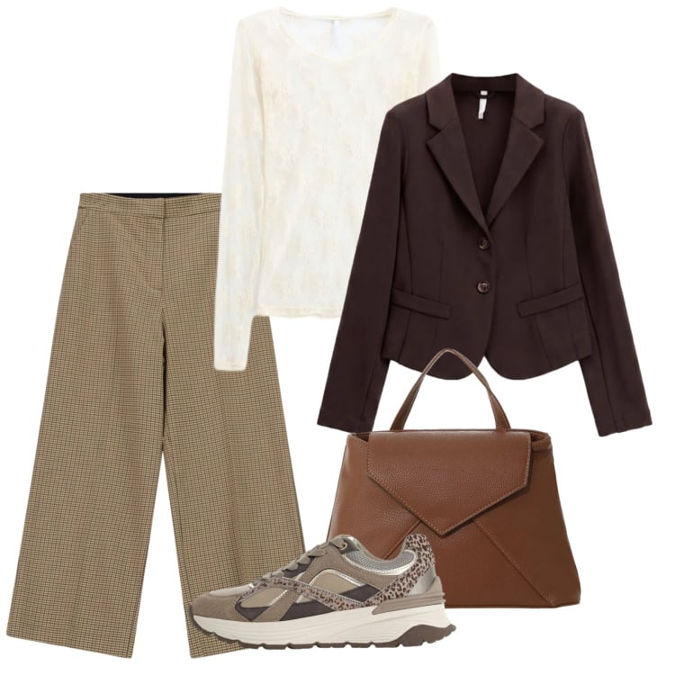 Outfit donna - We Are Back. Stile Bon Ton per Tutti i giorni. Abbinamento con blazer, t-shirt, sneakers, pantaloni a palazzo, borse a mano.