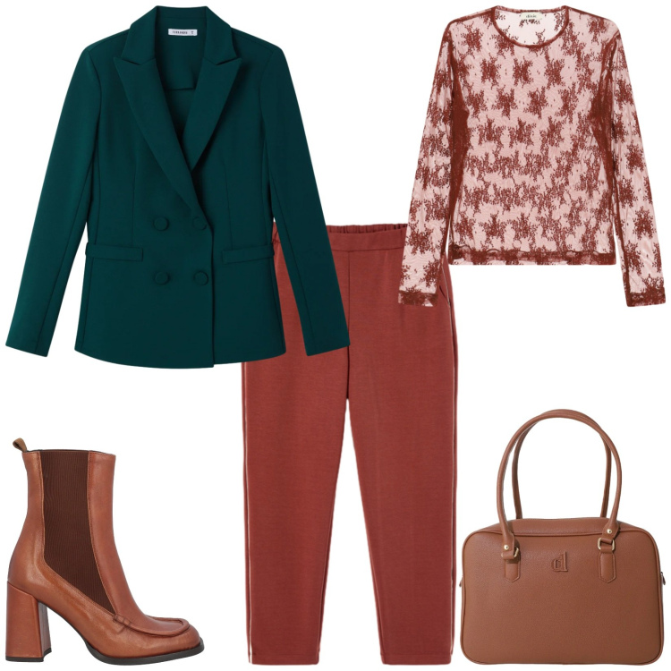 Outfit donna - Total look #2476144. Stile Chic per Ufficio. Abbinamento con stivaletti chelsea, blazer, borse a mano, top, pantaloni.