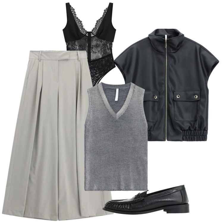 Outfit donna - We Are Back. Stile Chic per Tutti i giorni. Abbinamento con pantaloni a palazzo, blazer, mocassini, top, body.