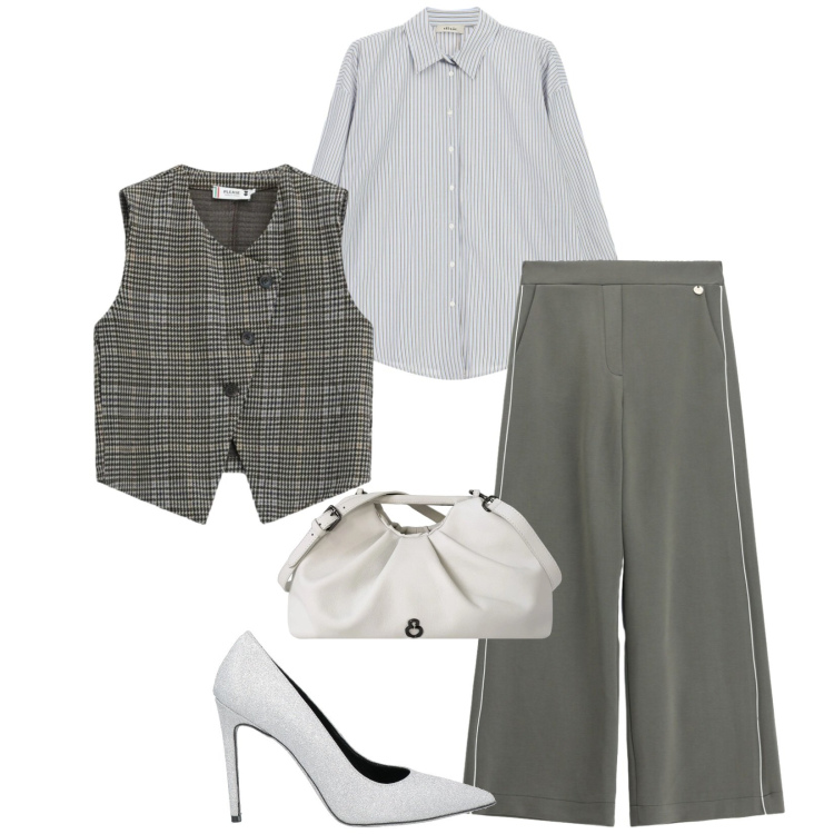 Outfit donna - Total look #2476158. Stile Chic per Ufficio. Abbinamento con décolleté, pantaloni a palazzo, gilet, camicie, clutch.
