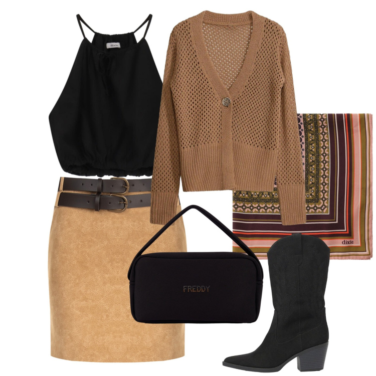 Outfit donna - Autunno. Stile Bon Ton per Ufficio. Abbinamento con stivaletti texani, cardigans, borse a mano, foulard, top, minigonne.
