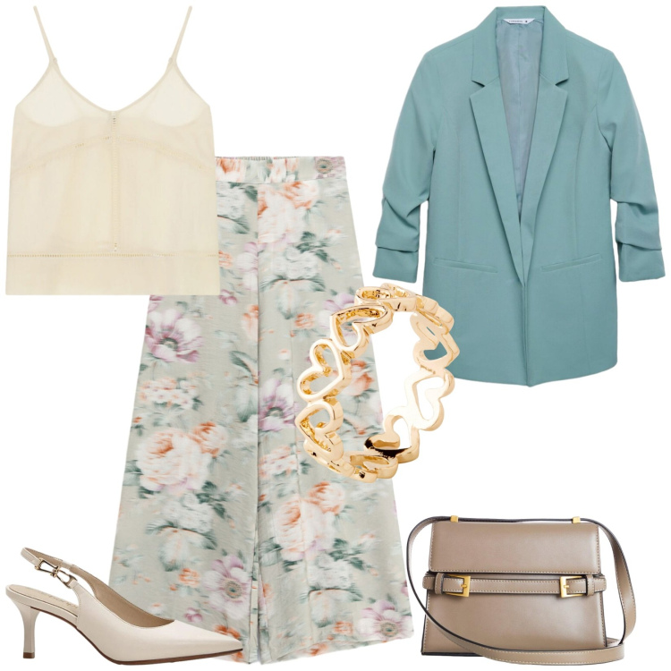 Outfit donna - Total look #2476160. Stile Chic per Serata fuori. Abbinamento con anelli, décolleté, borse a tracolla, blazer, pantaloni a palazzo, top.