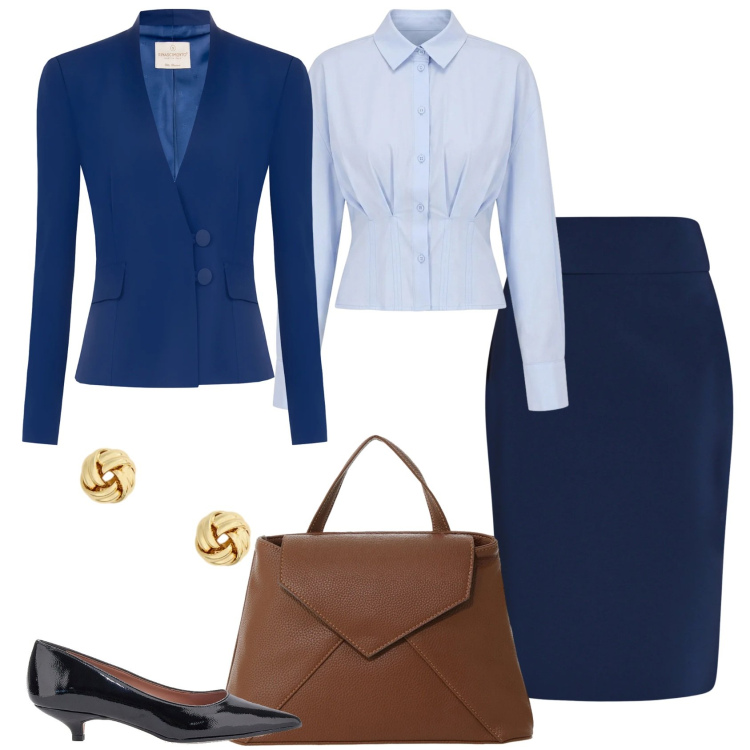 Outfit donna - Iconic business woman. Stile Casual chic per Ufficio. Abbinamento con borse a mano, camicie, blazer, gonne longuette, orecchini, décolleté.