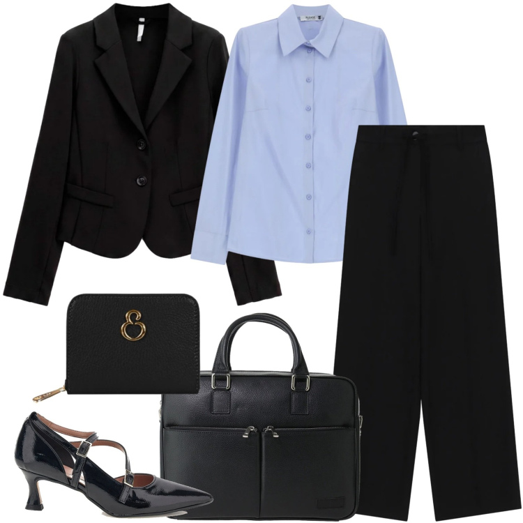 Outfit donna - Iconic business woman. Stile Mannish per Ufficio. Abbinamento con pantaloni a palazzo, blazer, borse messenger, camicie, portafogli, décolleté.