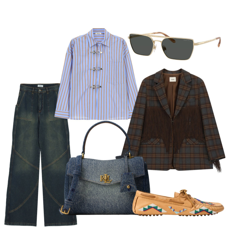Outfit donna - Autunno in denim. Stile Casual per Tutti i giorni. Abbinamento con jeans, camicie, blazer, occhiali da sole, borse a mano, mocassini.