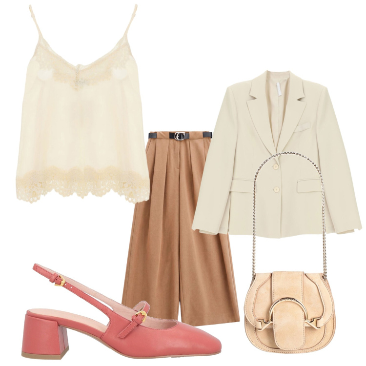 Outfit donna - Pizzo chic. Stile Bon Ton per Serata fuori. Abbinamento con marsupi, décolleté, pantaloni a palazzo, blazer, top.