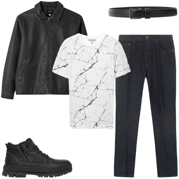 Outfit uomo - Total look #2476172. Stile Trendy per Tutti i giorni. Abbinamento con cinture, jeans, t-shirt, cappotti, stivali e stivaletti.