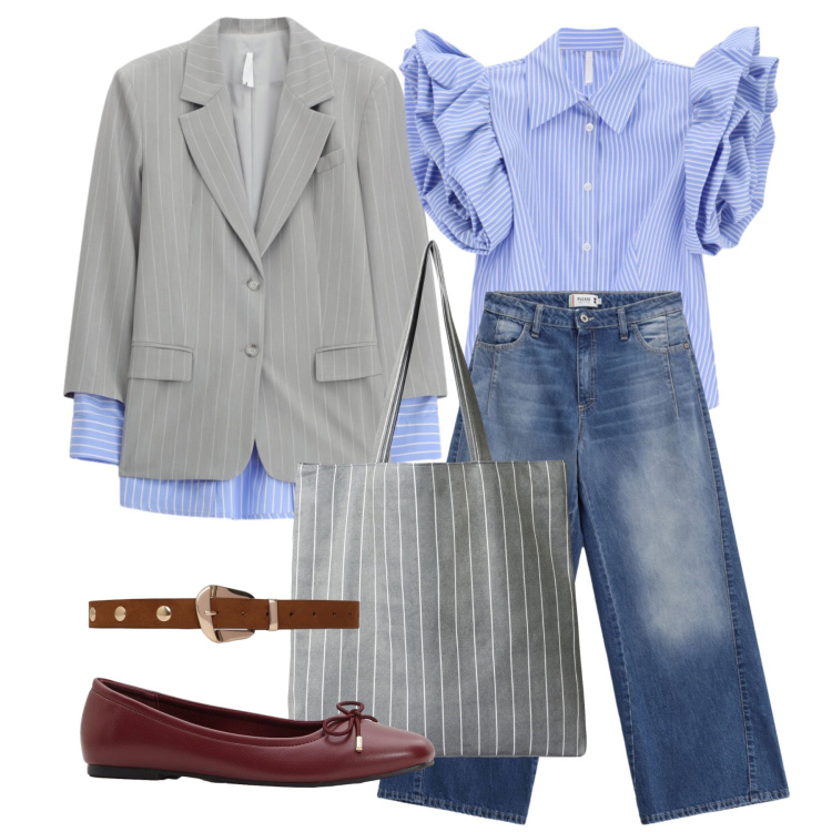 Outfit donna - Settembre. Stile Casual chic per Tutti i giorni. Abbinamento con ballerine, shopping bag, cinture, camicie a manica corta, blazer, jeans.