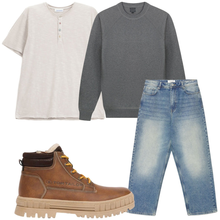 Outfit uomo - Trendy. Stile Casual per Tutti i giorni. Abbinamento con t-shirt, maglieria, jeans dritti, stivali e stivaletti.